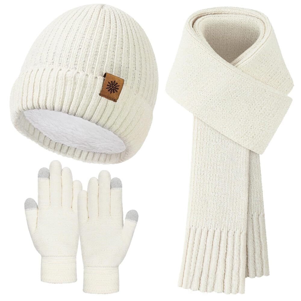 8078 Winter Hat Gloves Scarf Set , Warm Lining Beanie Hats Touchscreen